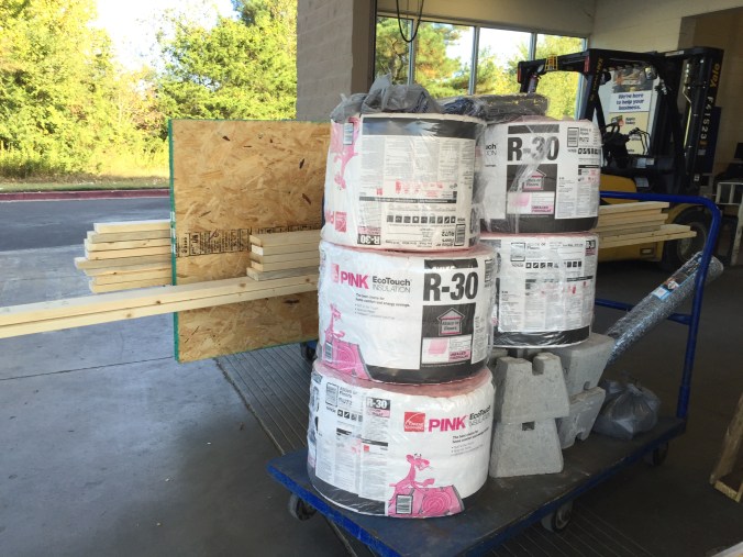 Building Materials: boards, joist hangers, insulation, and chicken wire