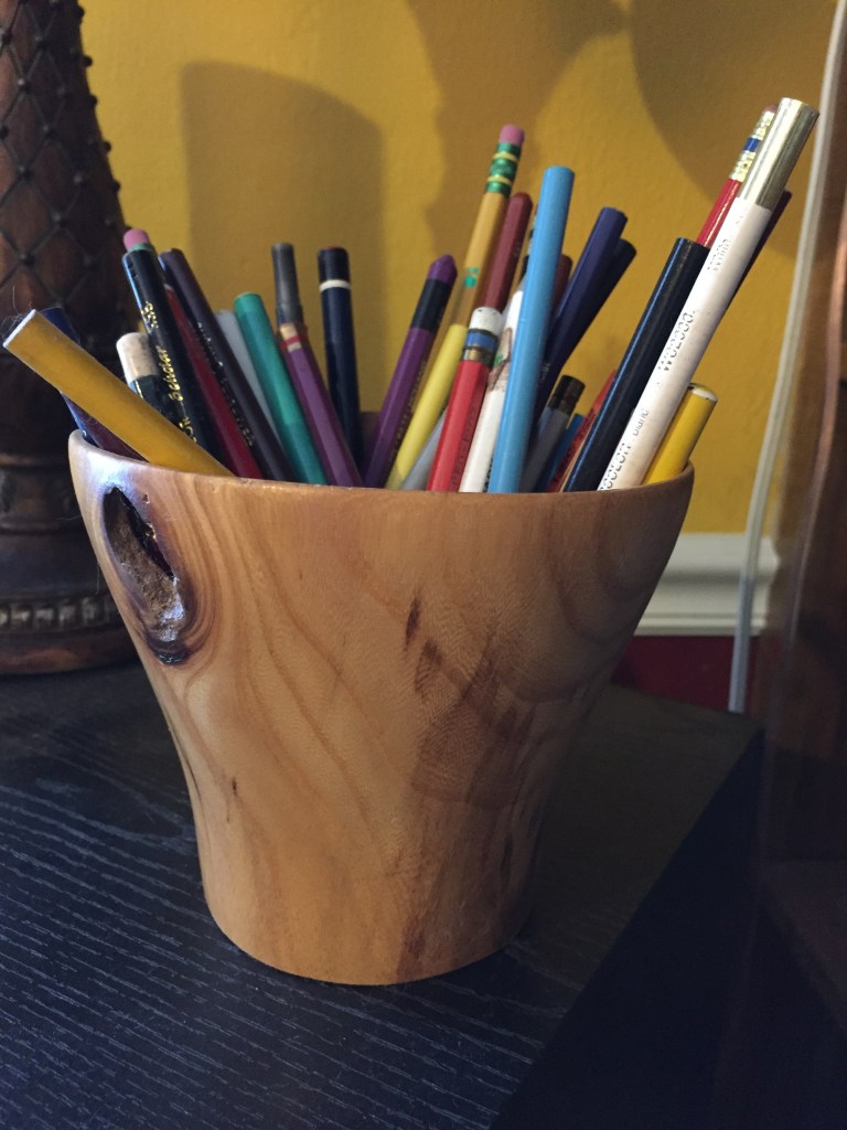 Wooden Cup with Colored Pencils